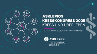 Das Bild ist das Key Visual für den Asklepios Krebskongress 2025 und enthält den Text Asklepios Krebskongress 2025, Krebs und Überleben, 13.-15. Februar 2025, Curio-Haus Hamburg sowie das Logo des Asklepios Tumorzentrum Hamburg 