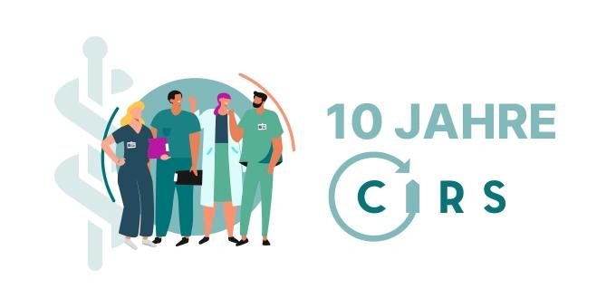 Illustration von medizinischem Fachpersonal auf einem mintfarbigen Kreis mit dem Text „10 Jahre CIRS“