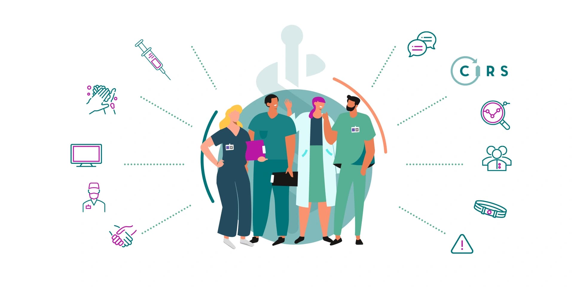 Illustration von medizinischem Fachpersonal auf einem mintfarbigen Kreis mit strahlenförmig angeordneten Icons